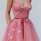 Pink A-line Spaghetti Tulle Flower Applique Prom Dresses,DS4436