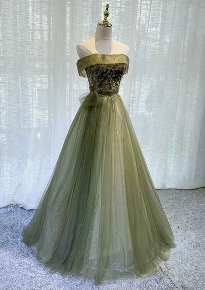 Light Green Tulle Scoop Long Party Gown, Green Bridesmaid Dress,DS4230