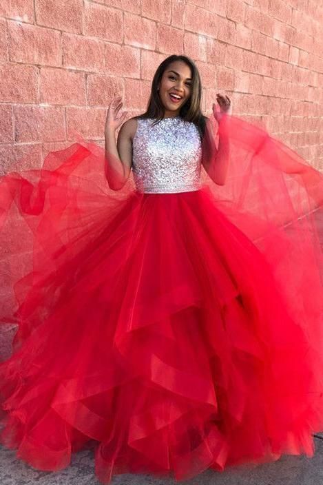 Charming Red Ball Gowns Organza Ruffle Sequin Top Prom Dresses,DS4458