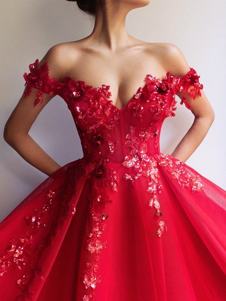 Sweetheart Neck Off Shoulder Red Lace Prom Dresses Long, Off The Shoulder Red Long Lace Formal Graduation Evening Dresses,DS1782
