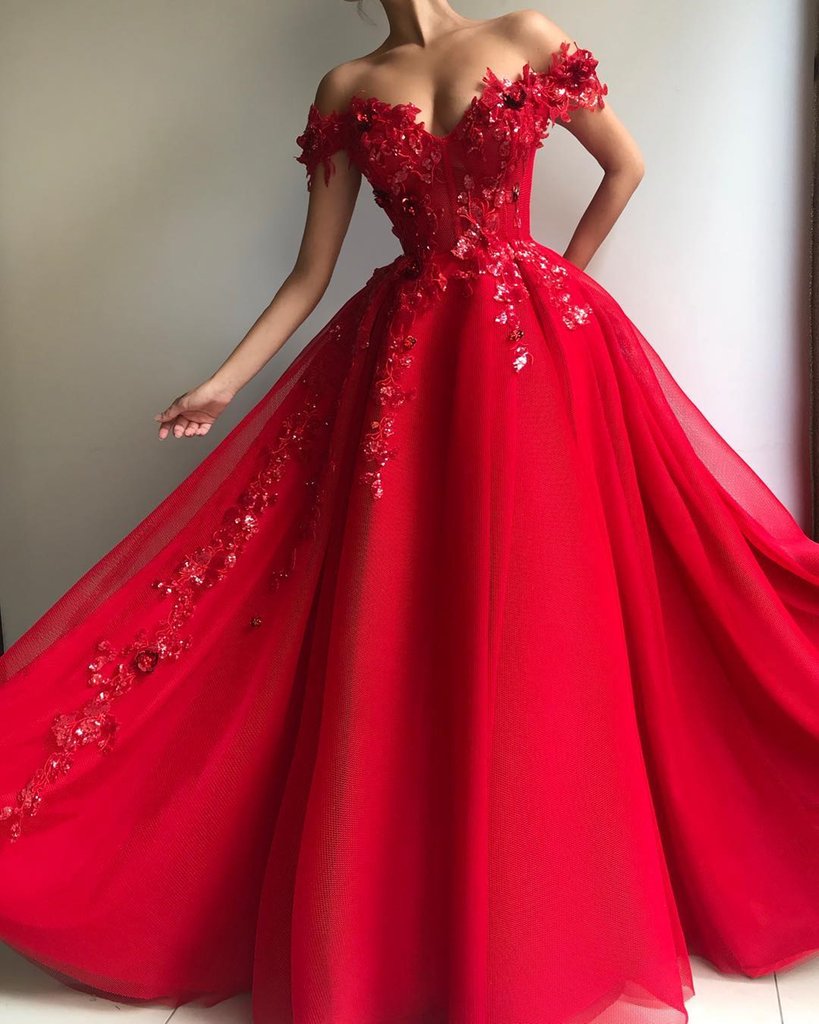 Sweetheart Neck Off Shoulder Red Lace Prom Dresses Long, Off The Shoulder Red Long Lace Formal Graduation Evening Dresses,DS1782