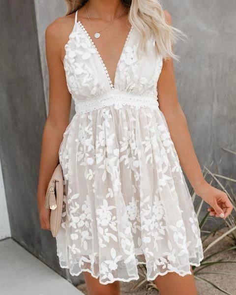 White Lace V Neck Backless Sleeveless Floral Mini Dresses Spaghetti Strap Club Party Vestidos Homecoming Dresses ,DS0799