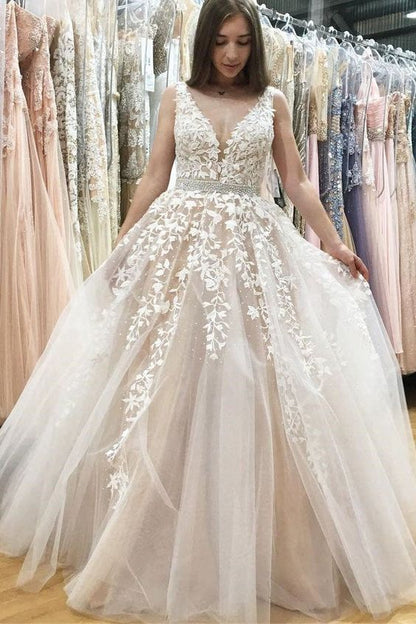 A Line V Neck Long Ivory Lace Appliques Wedding Dresses Beads Tulle Prom Dresses,DS4063