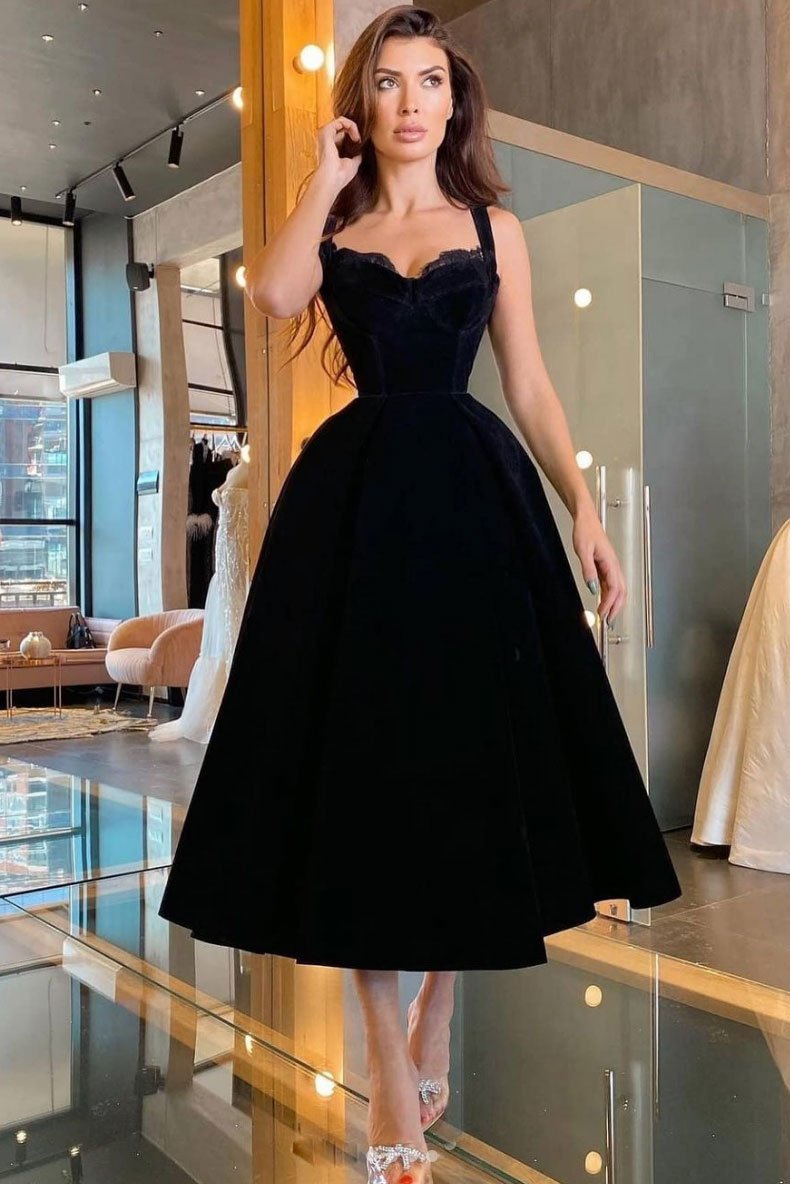 Black sweetheart velvet prom dress tea length black evening dress,DS1153