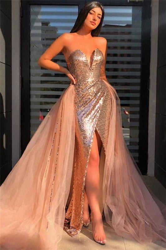 Sequined Strapless V-neck Front Slit Prom Dresses with Detachable Train, Sequins Prom Dresses,DS4316