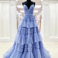Elegant Light Blue Side Slit Tulle Long Prom Dress,DS5146