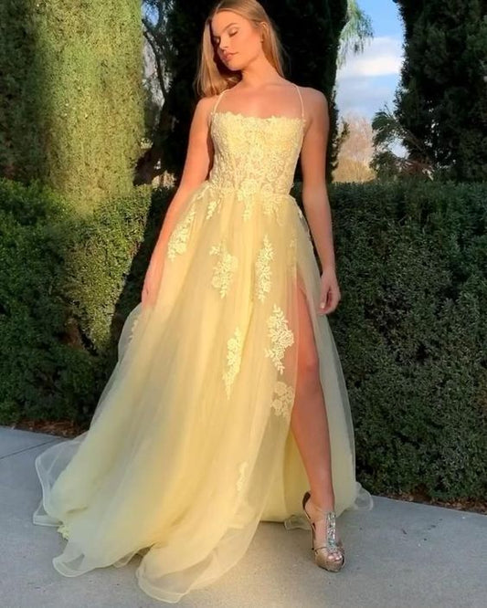 Yellow Lace Prom Dresses A Line Evening Gowns,DS4890