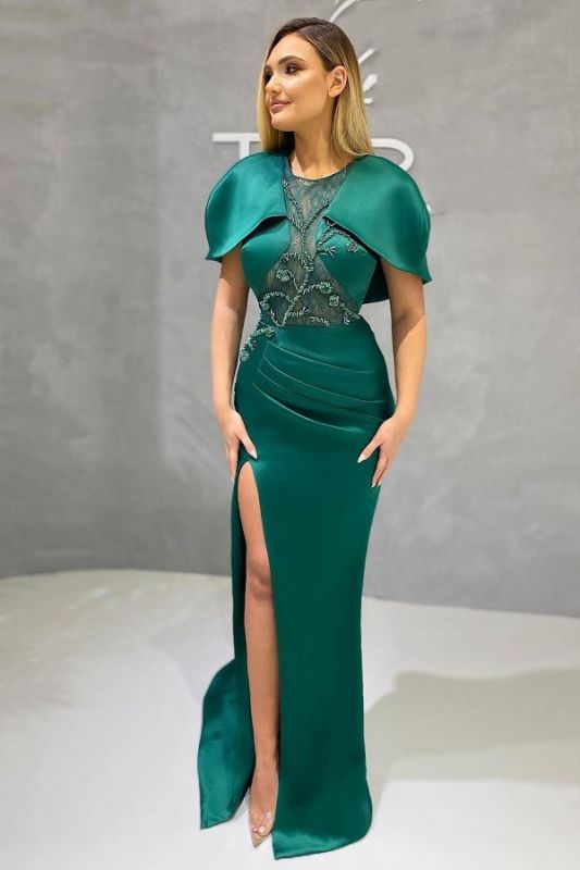 Vintage Jewel Satin Ruffles Split Lace Jade Zipper Mermaid Prom Dresses,DS2771