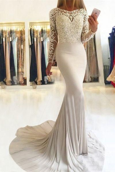 Elegant Mermaid Long Sleeve Scoop Lace Prom Dresses Long Evening Dresses,DS4058
