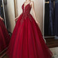Deep V Neck Burgundy Lace Prom Gown, Burgundy Lace Prom Dresses Evening Formal Dresses,DS1785