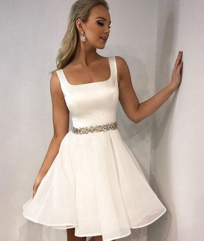 Simple white satin short prom dress, white homecoming dress,DS1274