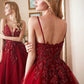 Deep V Neck Burgundy Lace Prom Gown, Burgundy Lace Prom Dresses Evening Formal Dresses,DS1785