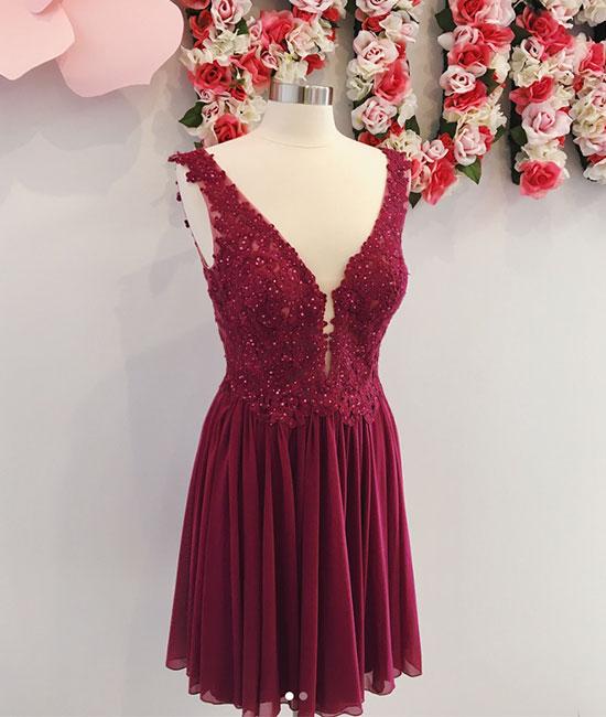 Burgundy v neck chiffon lace short prom dress, homecoming dress,DS1299