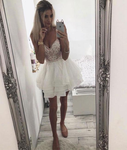 White sweetheart neck lace short prom dress, white homecoming dress,DS1273