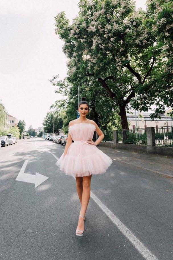 Pink tulle short prom dress short pink homecoming dress,DS1185