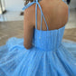 Blue tulle tea length prom dress, blue tulle formal dress,DS1972