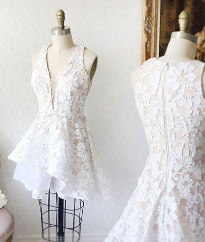 White lace short prom dress, lace homecoming dress,DS1277