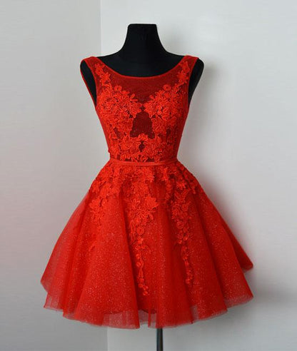 Red v neck lace tulle short prom dress, red homecoming dress,DS1300