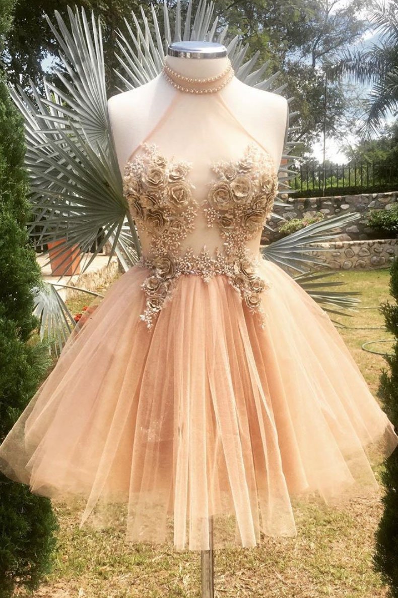 Champagne high neck tulle lace short prom dress tulle formal dress,DS1176