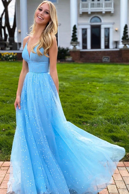 Blue v neck tulle beads long prom dress blue tulle evening dress,DS2089