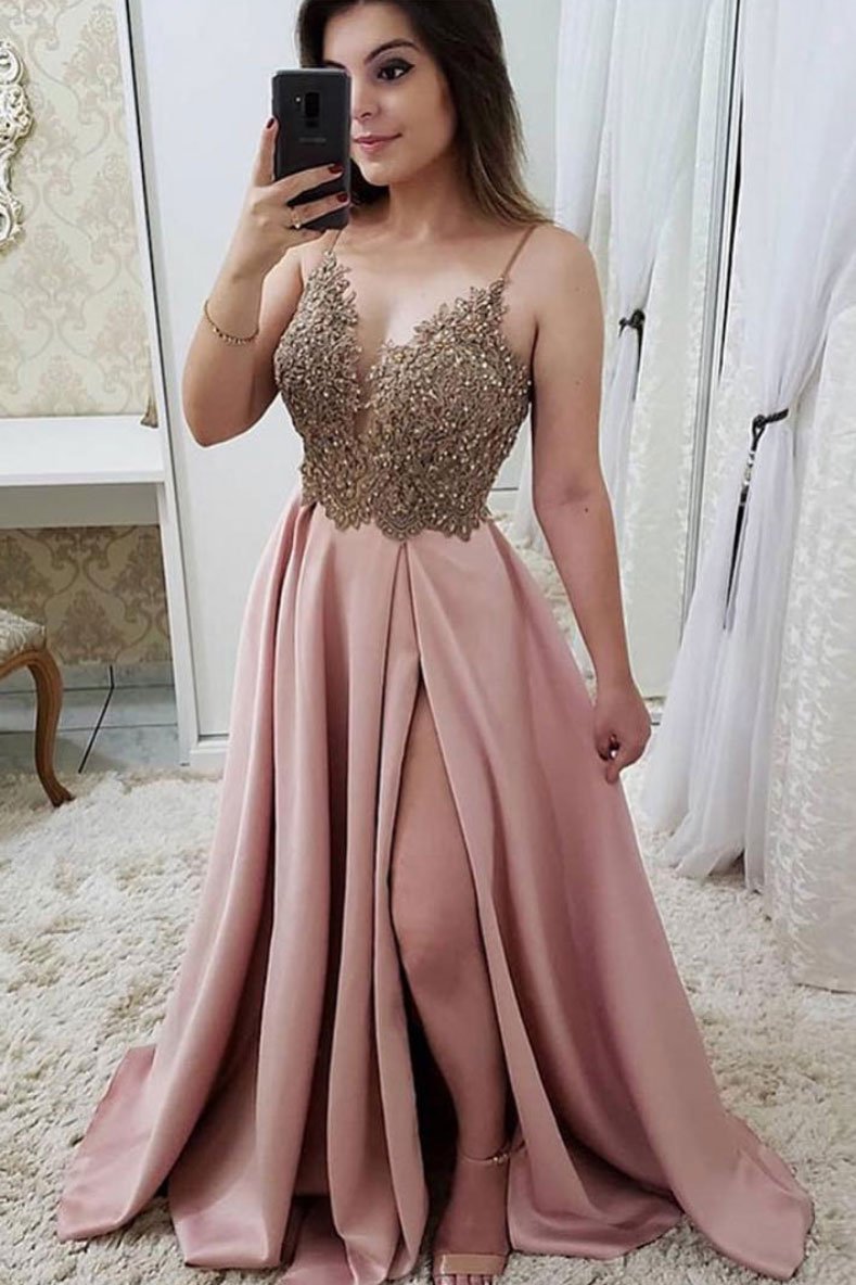 Pink lace long prom dress, pink lace evening dress,DS2393