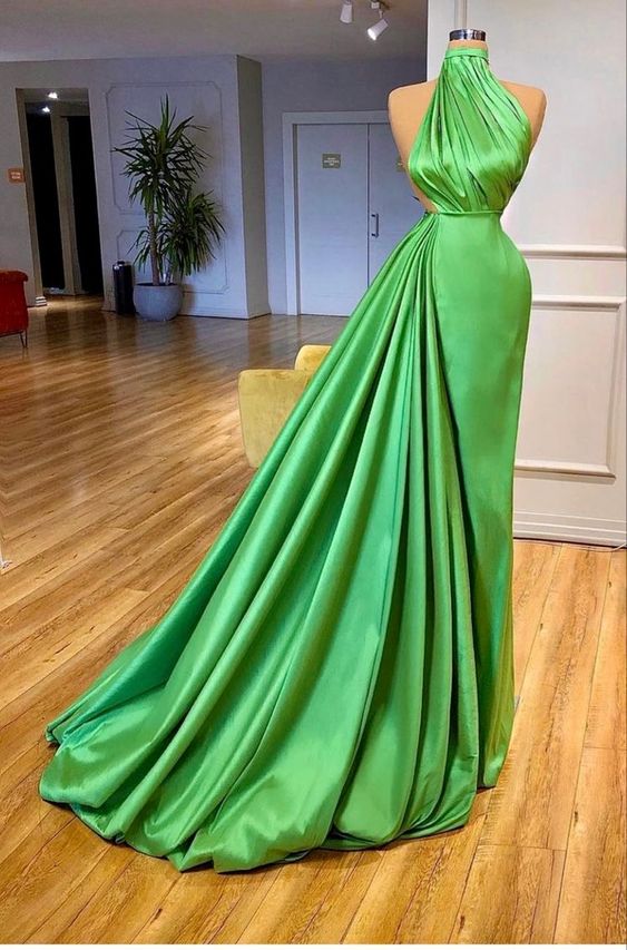 Green satin gown strapless with train,DS5135