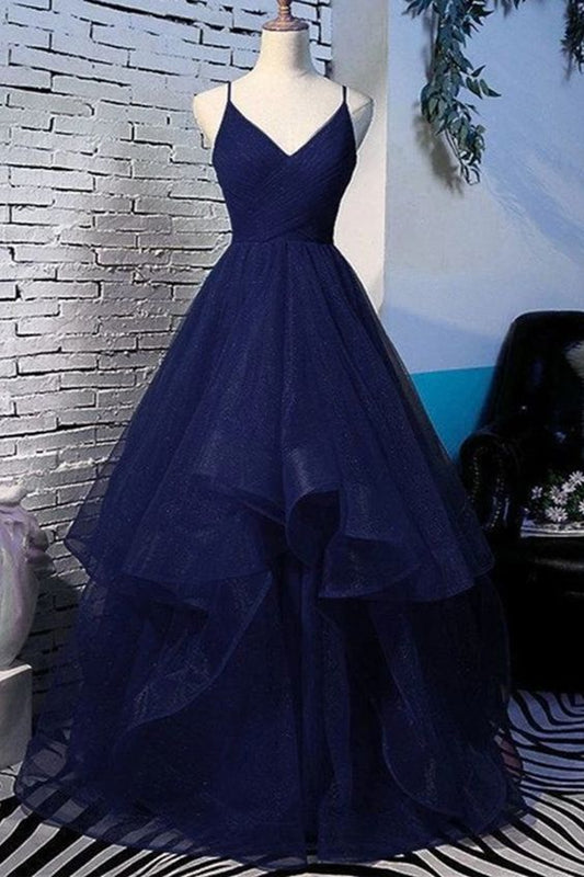 Shiny V Neck Navy Blue Long Prom Dresses, Fluffy Navy Blue Formal Evening Dresses, Sparkly Ball Gown,DS4418