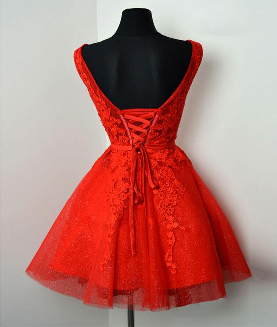 Red v neck lace tulle short prom dress, red homecoming dress,DS1300
