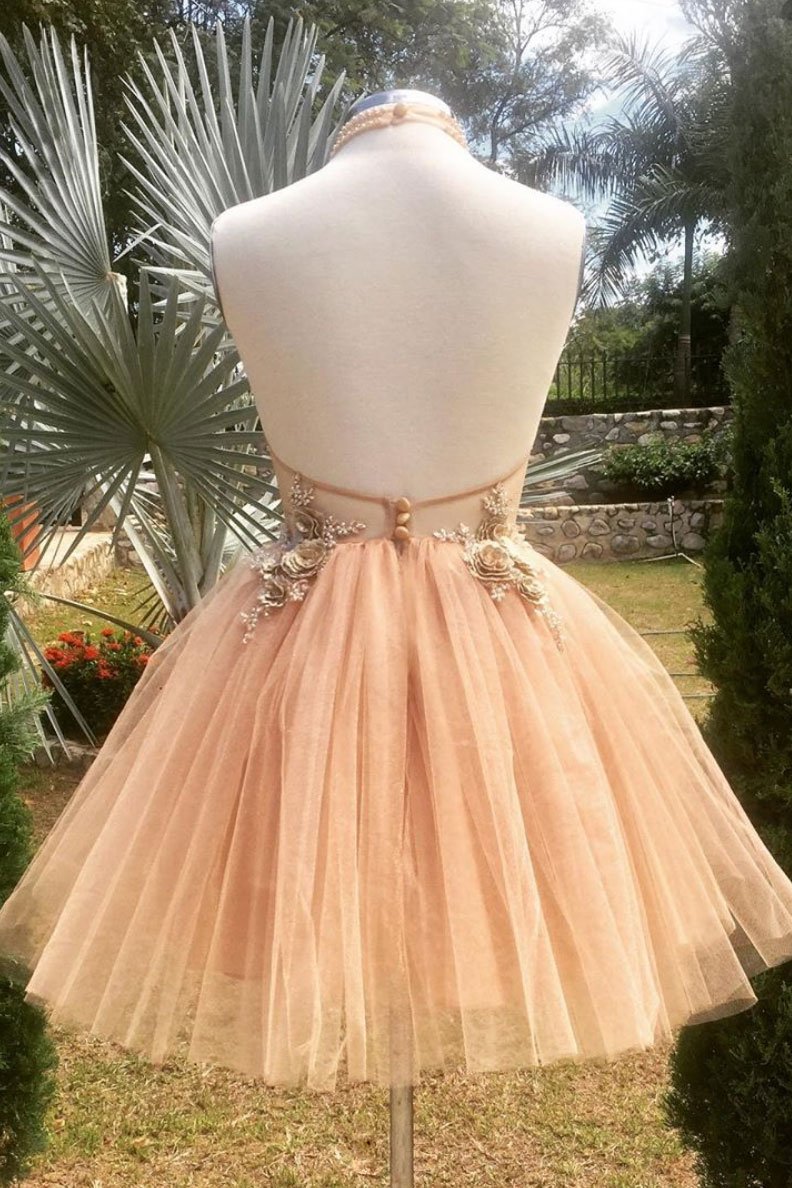 Champagne high neck tulle lace short prom dress tulle formal dress,DS2124