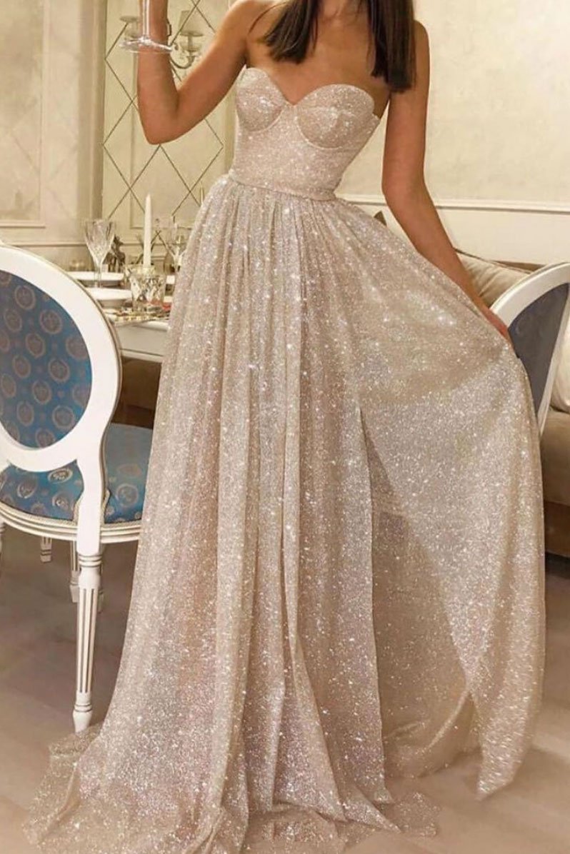 Champagne sweetheart tulle sequin long prom dress tulle evening dress,DS2356