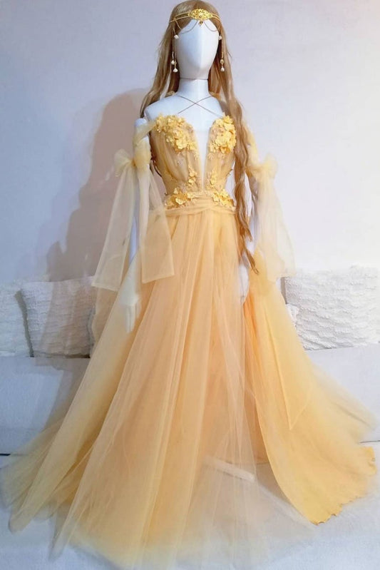 Yellow sweetheart tulle lace long prom dress yellow formal dress,DS2127