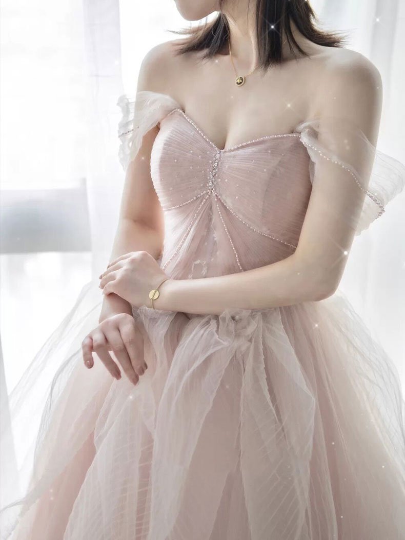 Pink sweetheart tulle long prom dress, pink tulle formal dress,DS1951