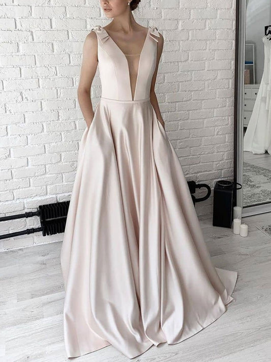 Simple v neck apricot satin long prom dress , bridesmaid dress,DS1976
