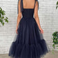 Dark blue tulle short prom dress, blue tulle bridesmaid dress ,DS4012