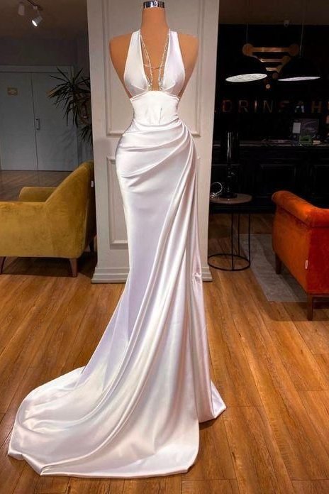 Classic V-Neck Sleeveless Mermaid Prom Dress With Ruffles,DS4657