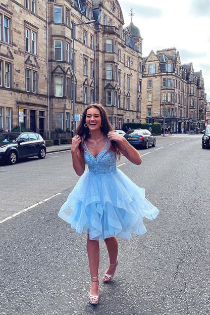 Blue v neck tulle short prom dress blue tulle lace homecoming dress,DS1181