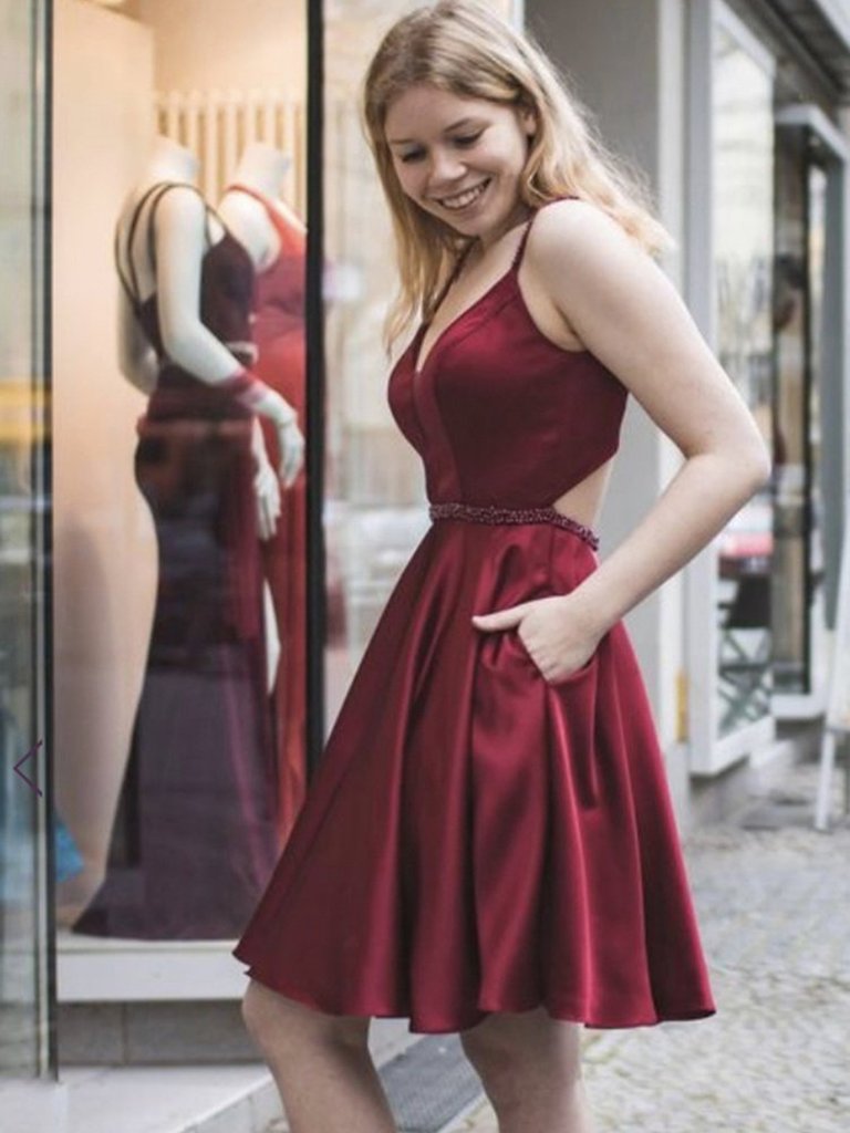 A Line V Neck Short Burgundy Prom Dresses, Short Wine Red Formal Graduation Homecoming Dresses,DS1656