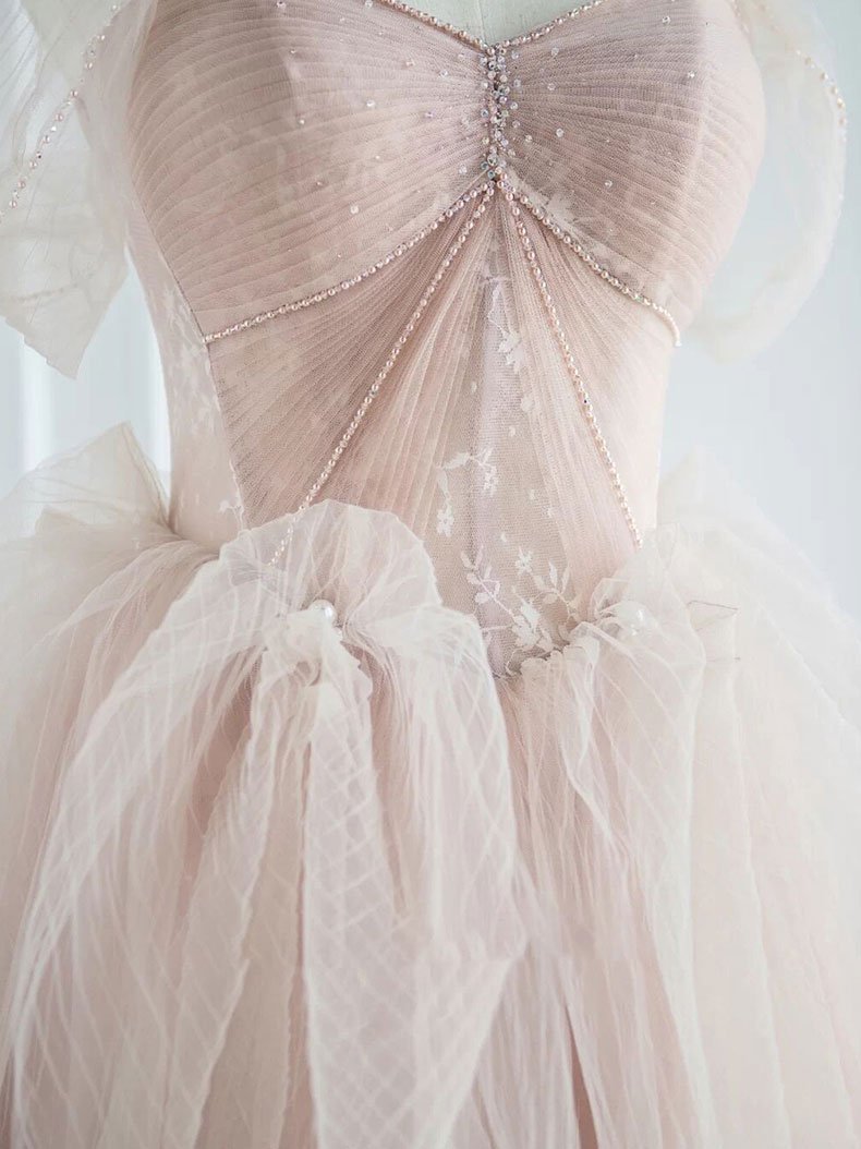 Pink sweetheart tulle long prom dress, pink tulle formal dress,DS1951