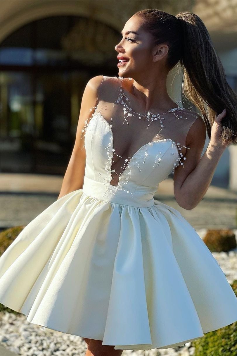 A-Line Illusion Neck Ivory Short Homecoming Dress with Beads,DS0936