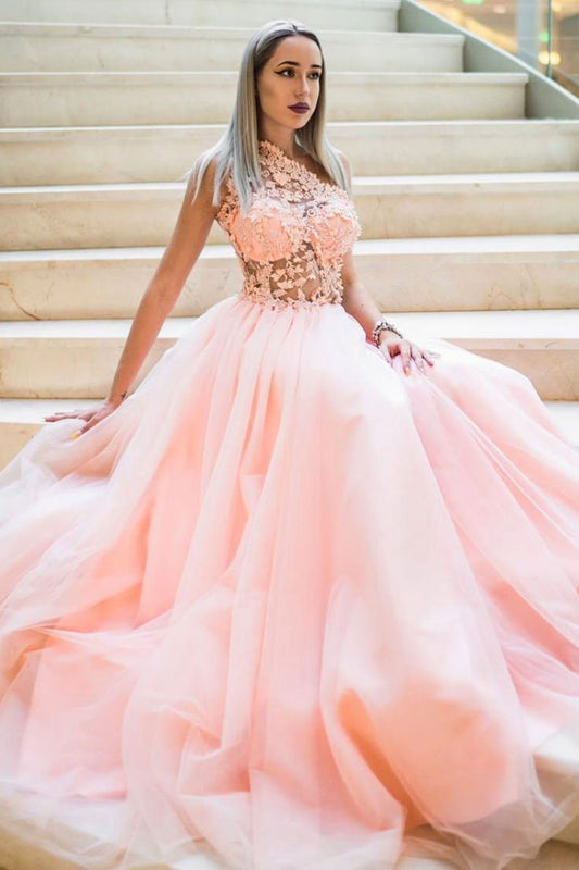 Pink tulle lace one shoulder long prom dress pink lace bridesmaid dress,DS2150