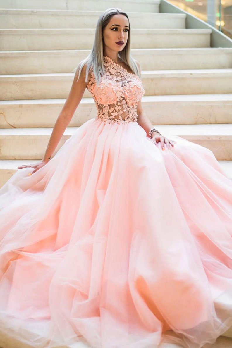 Pink tulle lace one shoulder long prom dress pink lace bridesmaid dress,DS2150