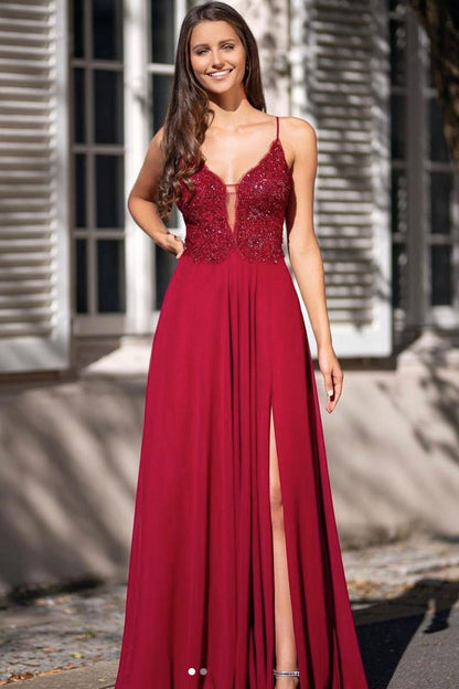 Burgundy v neck chiffon lace long prom dress burgundy evening dress,DS2097