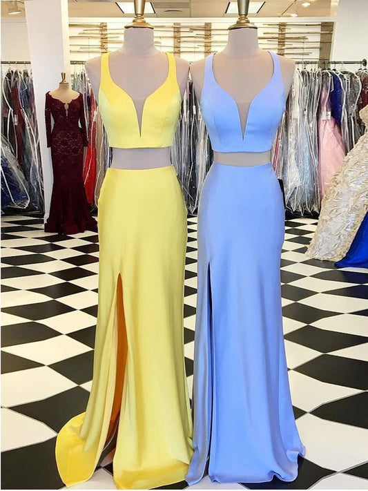 V Neck Blue/Yellow Mermaid Two Pieces Satin Long Prom Dresses, 2 Pieces Blue/Yellow Formal Evening Dresses,DS3831
