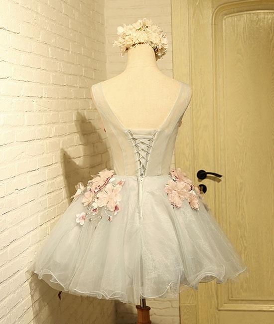 Cute round neck gray tulle lace applique short prom dresses,DS1309