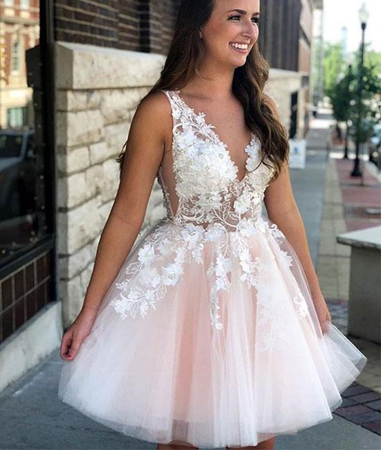Pink v neck tulle lace applique short prom dress, pink homecoming dress,DS1280