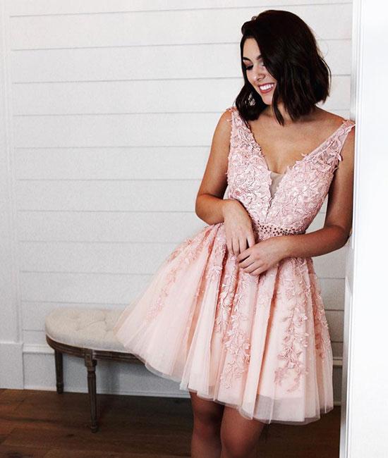 Pink v neck tulle lac applique short prom dress, pink homecoming dress,DS1279