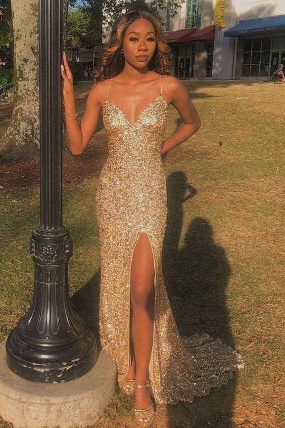 2022 mermaid gold sequin long prom dress with side slit,DS4437