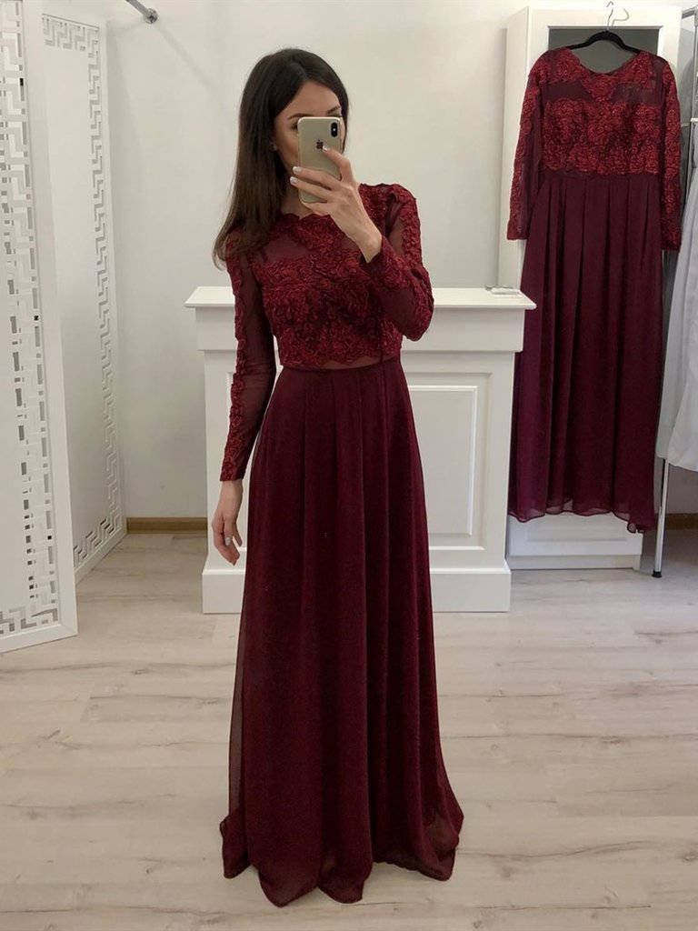 Round Neck Long Sleeves Burgundy Lace Prom Dresses, Long Sleeves Burgundy Lace Formal Evening Dresses,DS1809