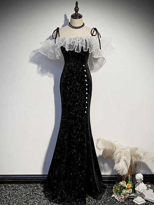 Black mermaid long prom dress, black evening dress ,DS4008