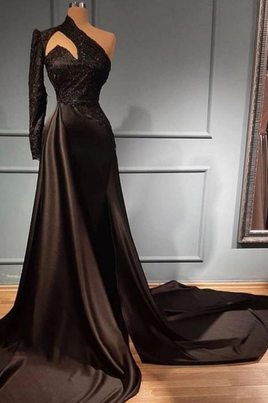 Black One Shoulder Sparkly Lace Satin Mermaid Prom Dress High Neck slim Evening Maxi Dress,DS3724